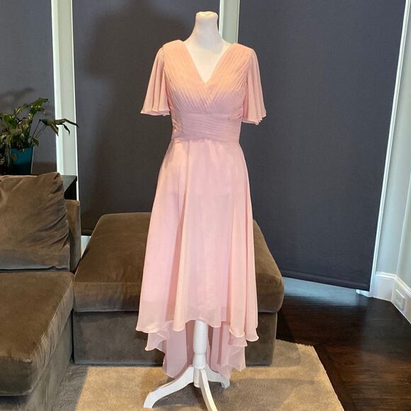 Pink High Low Ruffle Sleeve Pleated Dress Formal Evening Gown Bridesmaid Size 4 - Picture 1 of 11